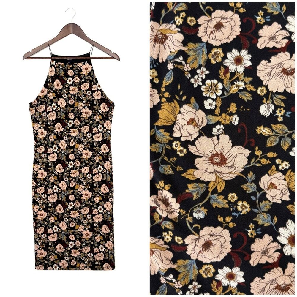 Forever 21 Floral Bodycon Sheath Dress Sz L Black Pink Stretch Wedding Guest EUC